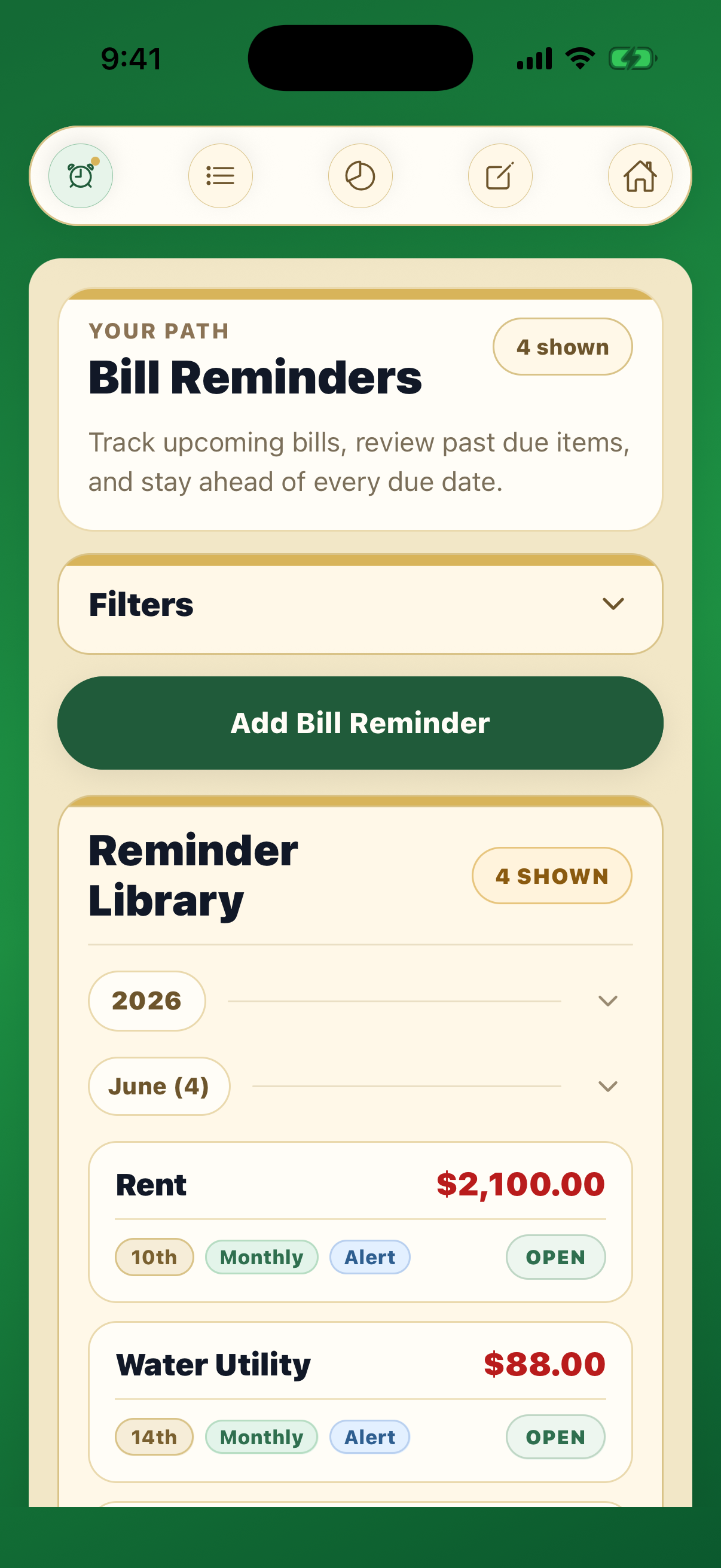 Centscribe bill reminders screen