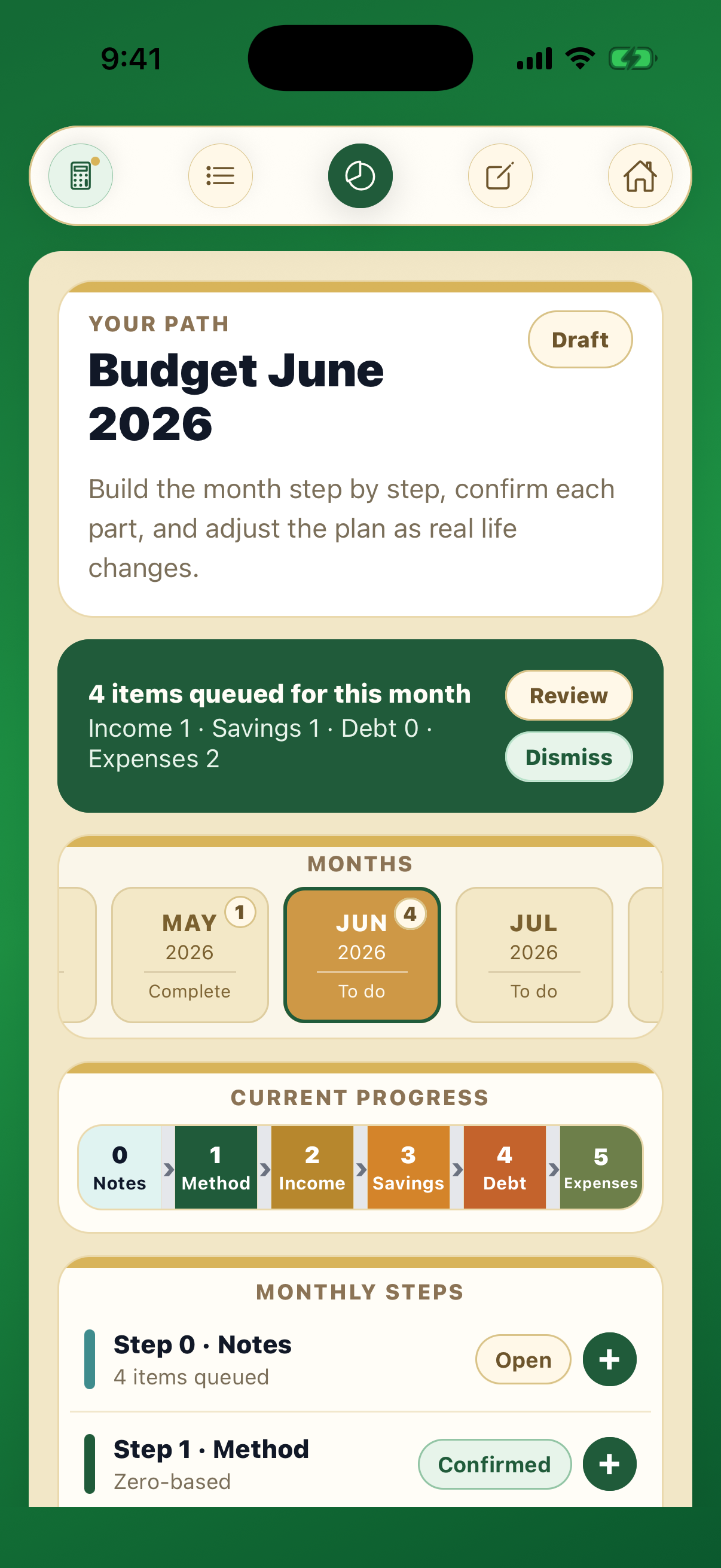 Centscribe budget screen showing monthly progress and step-by-step planning
