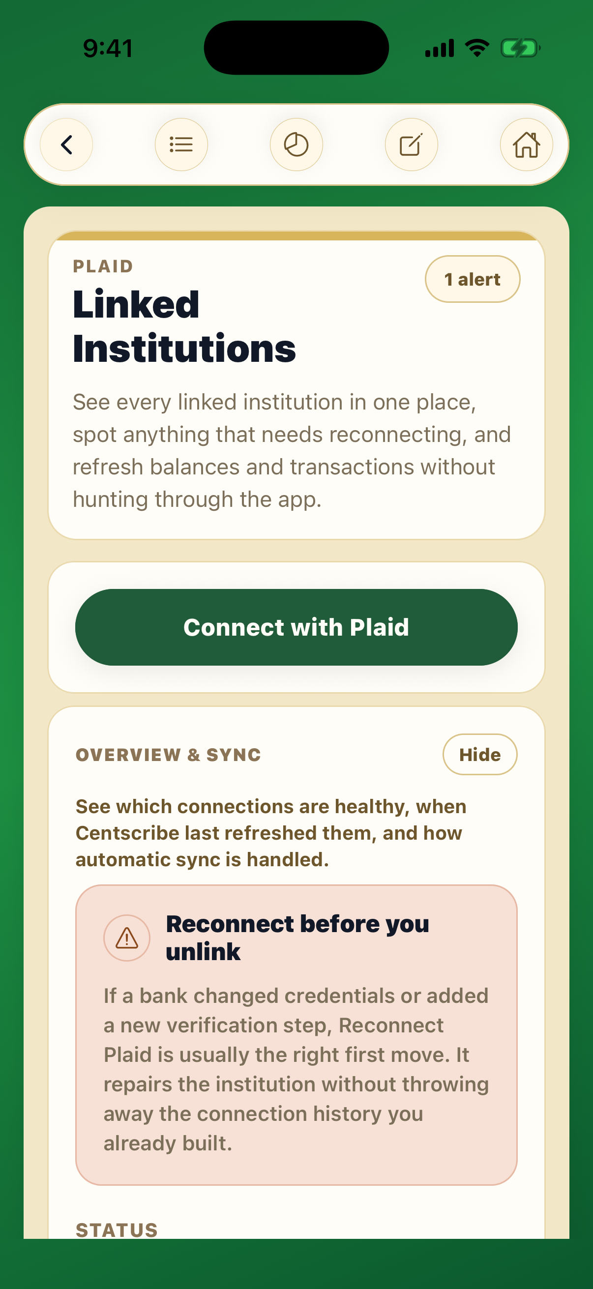 Centscribe account connections screen
