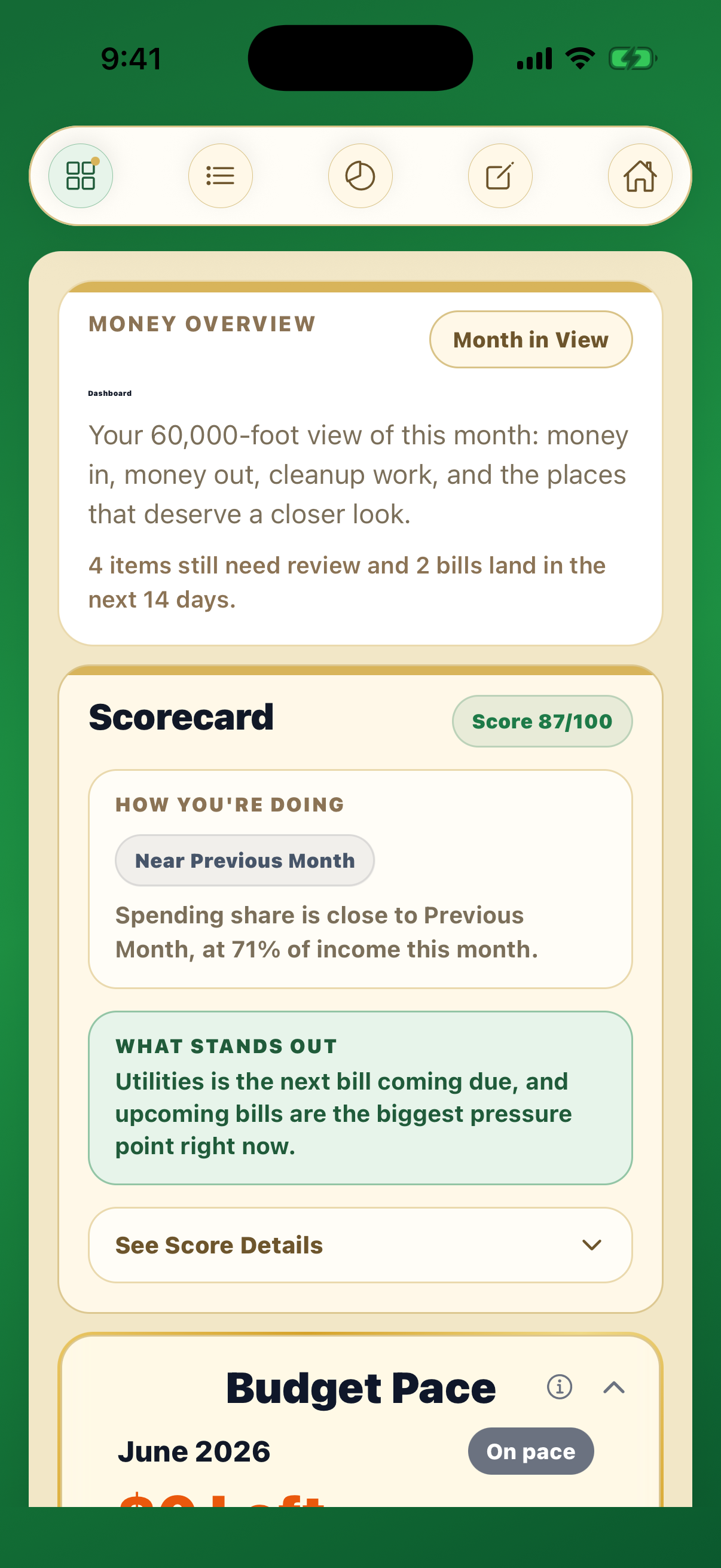 Centscribe dashboard screen with summary and next-step guidance