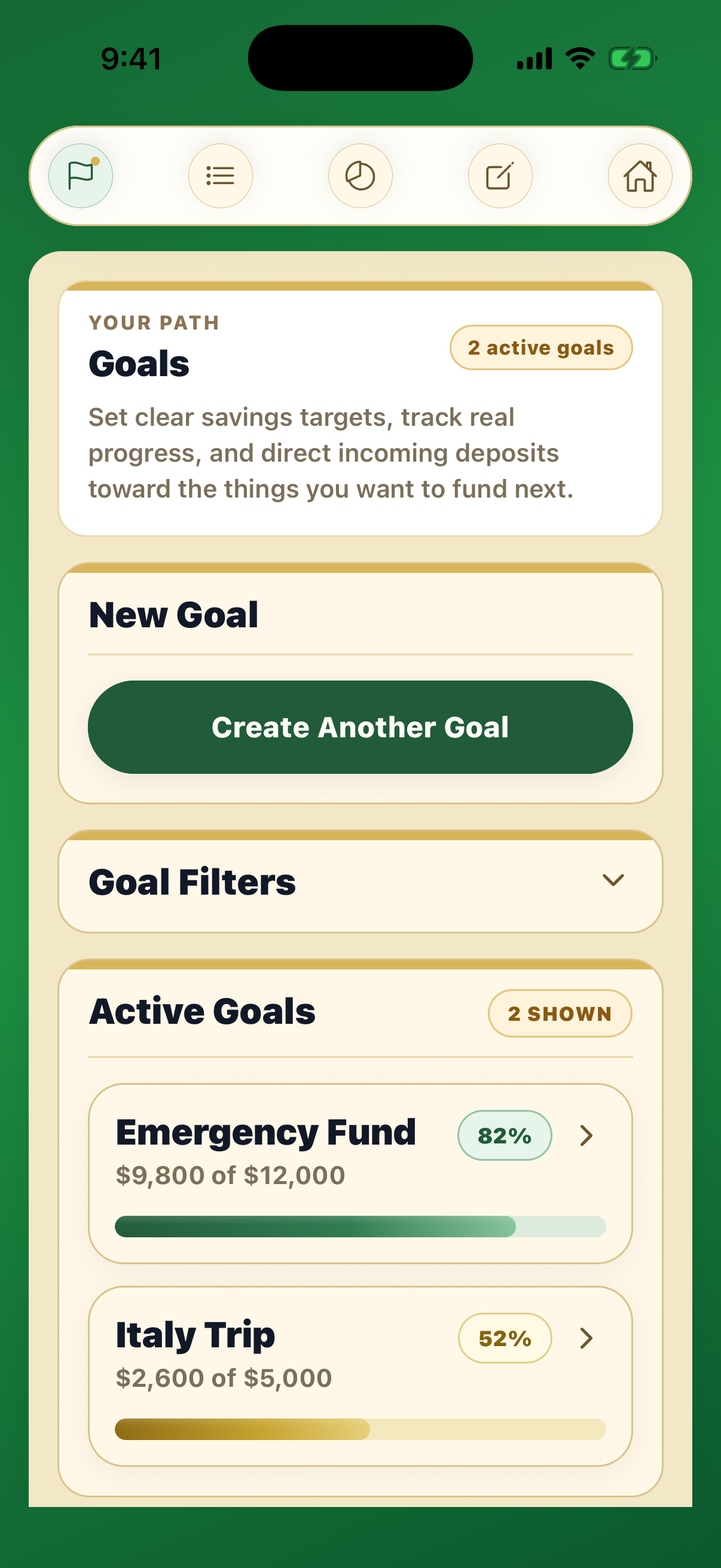 Centscribe goals screen showing savings goals and recent deposits