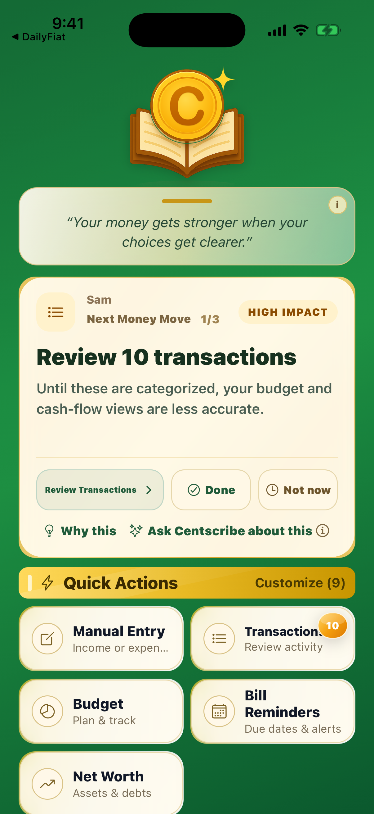 Centscribe home screen showing quick actions and budget pace