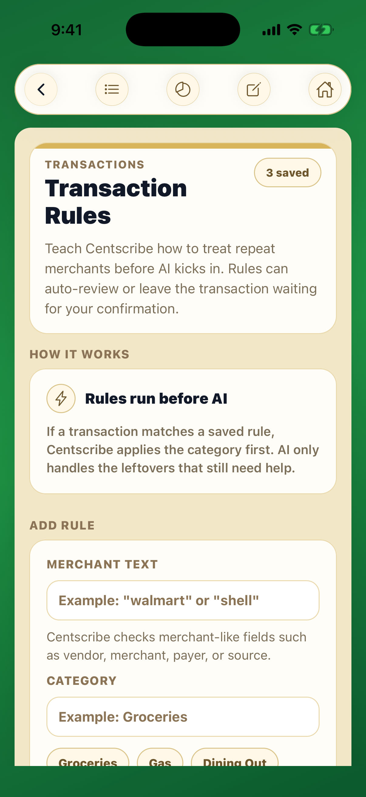Centscribe transaction rules screen