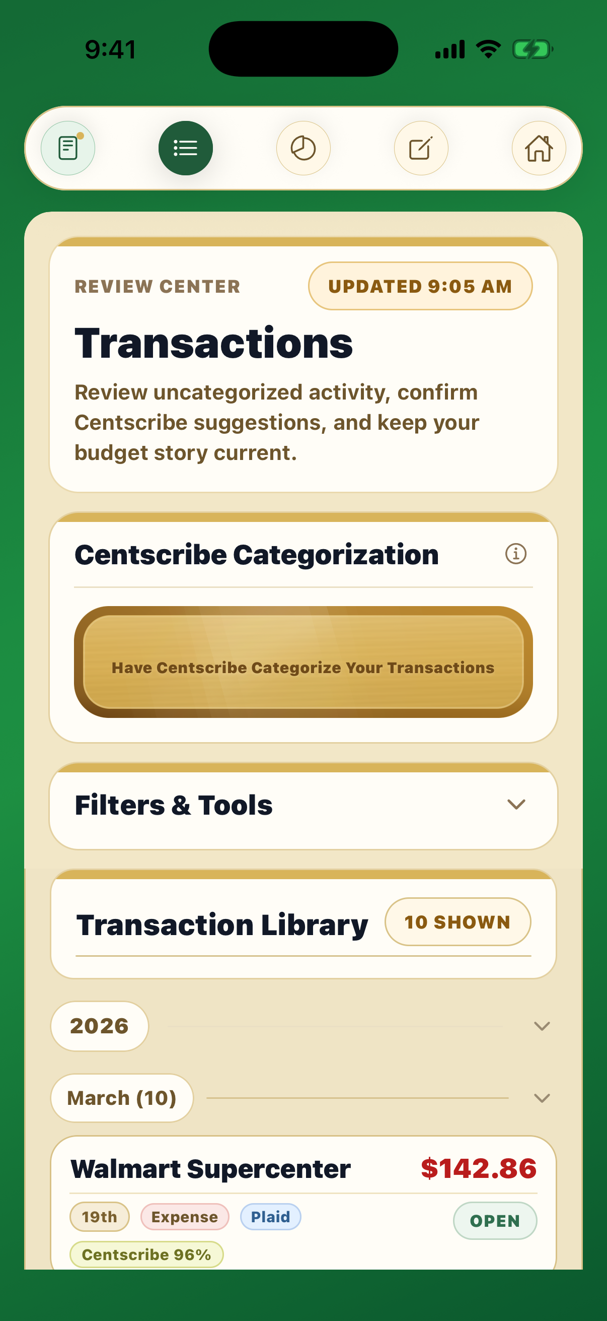 Centscribe transactions review screen with review queue and category options